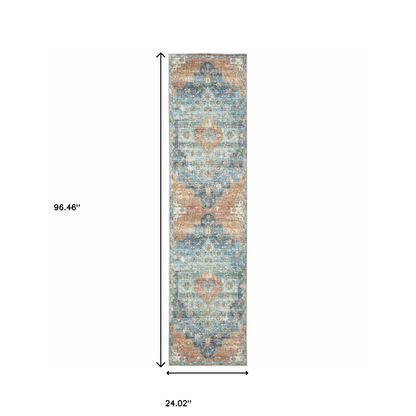 2' X 8' Orange Blue Teal Green And Beige Oriental Power Loom Stain Resistant Runner Rug