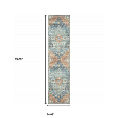 8' Rust And Blue Oriental Distressed Runner Rug