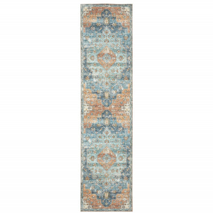 8' Rust And Blue Oriental Distressed Runner Rug