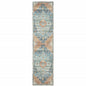 8' Rust And Blue Oriental Distressed Runner Rug