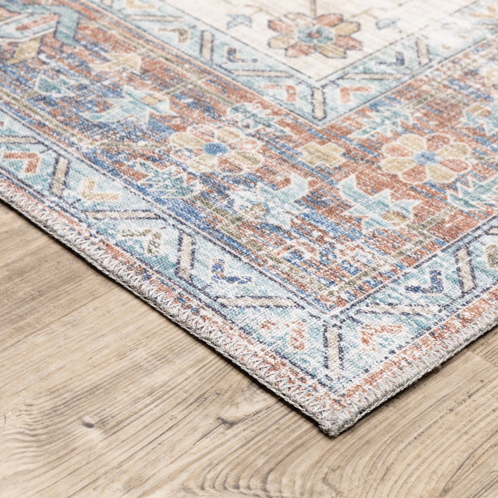 8' Rust And Blue Oriental Distressed Runner Rug