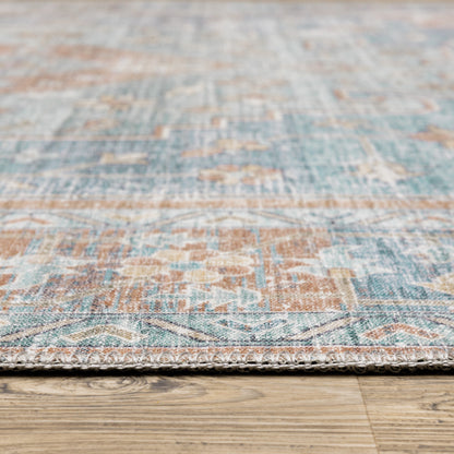 2' X 8' Orange Blue Teal Green And Beige Oriental Power Loom Stain Resistant Runner Rug