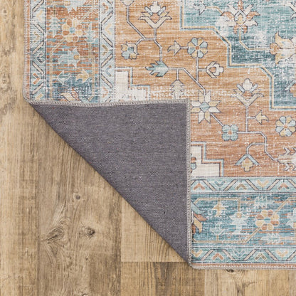 8' Rust And Blue Oriental Distressed Runner Rug