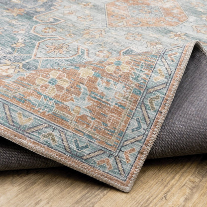 8' Rust And Blue Oriental Distressed Runner Rug