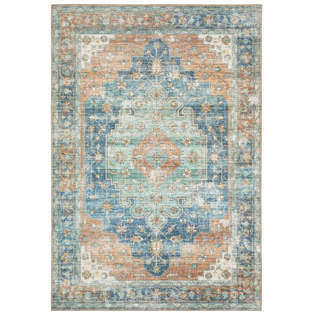 5' X 7' Orange Blue Teal Green And Beige Oriental Power Loom Stain Resistant Area Rug