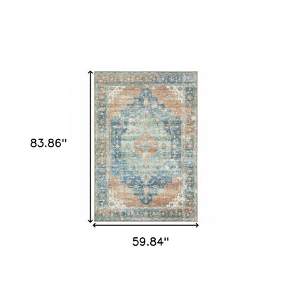 5' X 7' Orange Blue Teal Green And Beige Oriental Power Loom Stain Resistant Area Rug