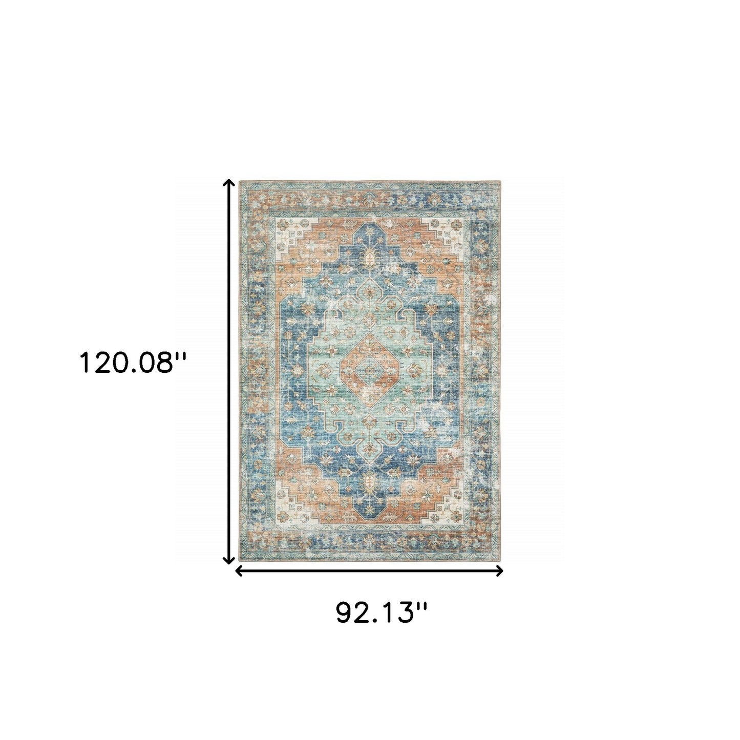 8' X 10' Orange Blue Teal Green And Beige Oriental Power Loom Stain Resistant Area Rug