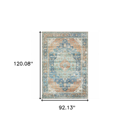 8' X 10' Orange Blue Teal Green And Beige Oriental Power Loom Stain Resistant Area Rug