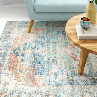 8' X 10' Orange Blue Teal Green And Beige Oriental Power Loom Stain Resistant Area Rug