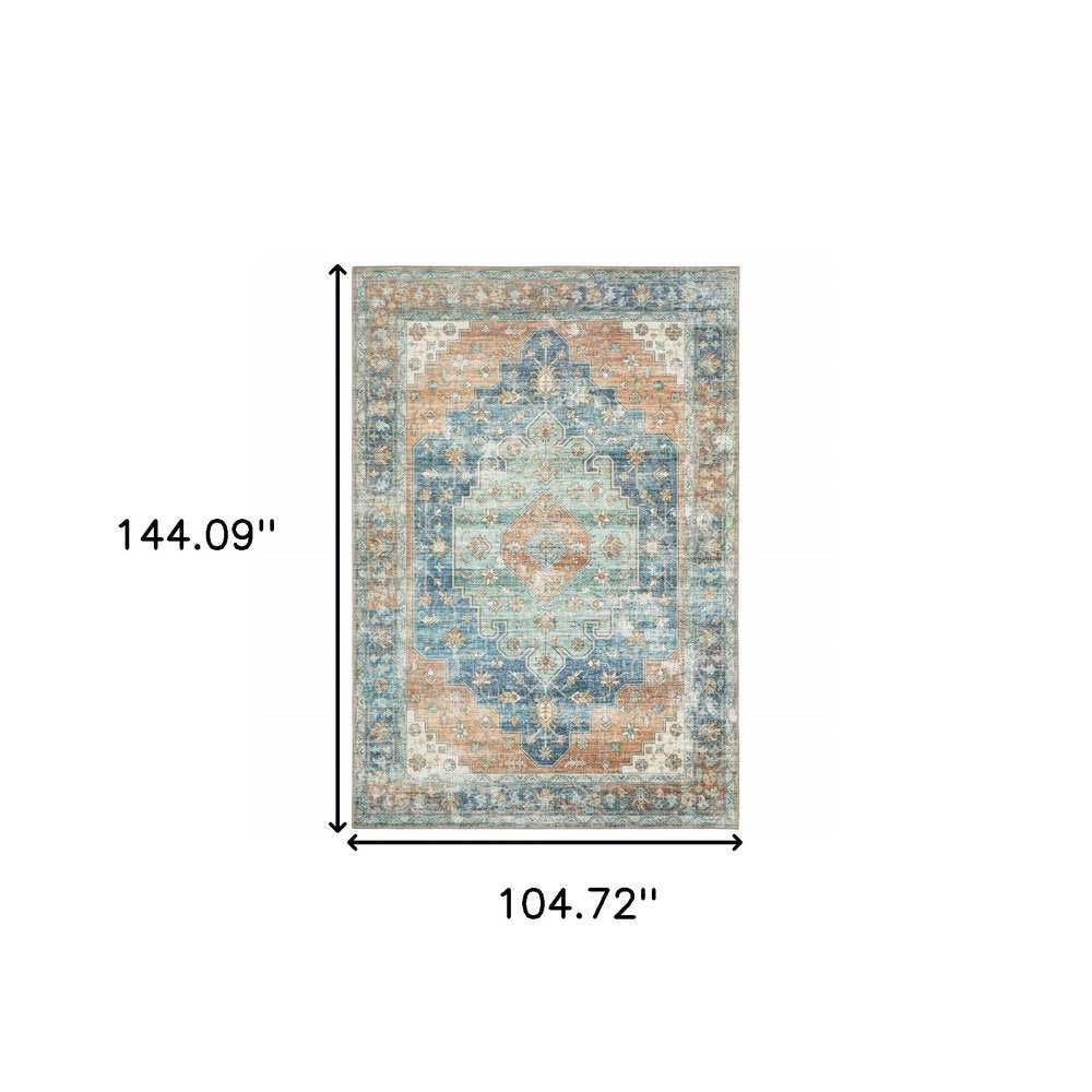 9' X 12' Rust And Blue Oriental Distressed Area Rug