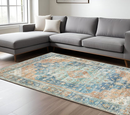 9' X 12' Rust And Blue Oriental Distressed Area Rug