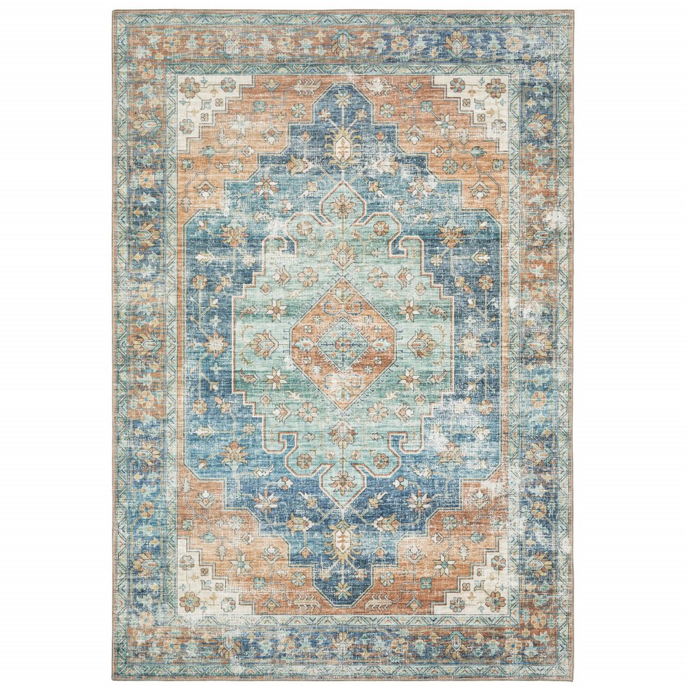 9' X 12' Rust And Blue Oriental Distressed Area Rug