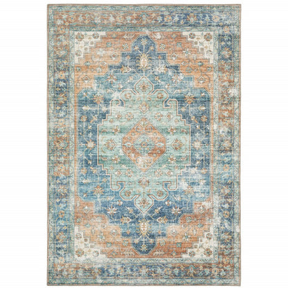 9' X 12' Rust And Blue Oriental Distressed Area Rug
