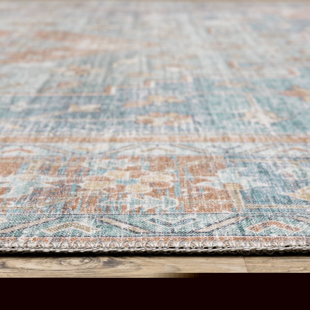 9' X 12' Rust And Blue Oriental Distressed Area Rug
