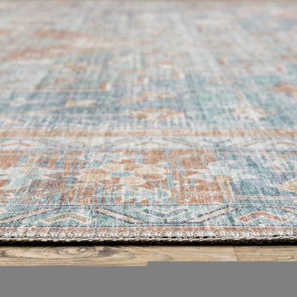 9' X 12' Rust And Blue Oriental Distressed Area Rug