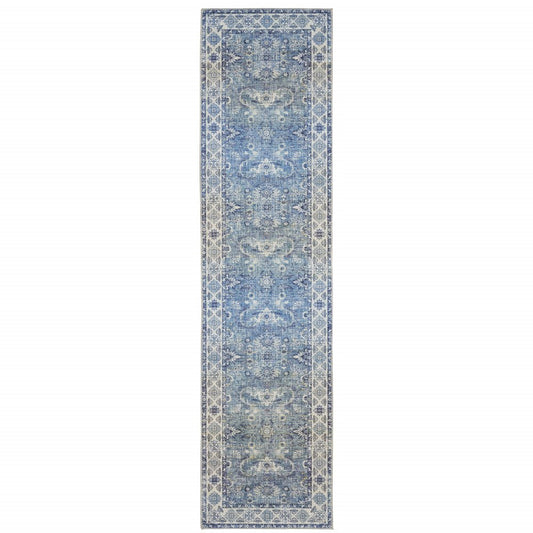 8' Blue and Gray Oriental Power Loom Runner Rug