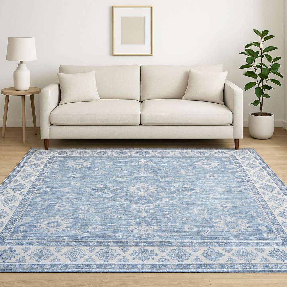 5' X 7' Blue And Grey Oriental Power Loom Stain Resistant Area Rug