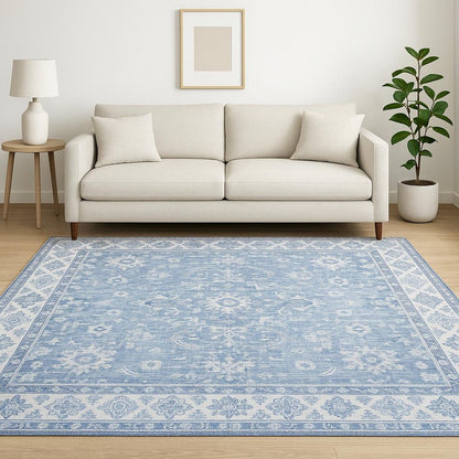 5' X 7' Blue And Grey Oriental Power Loom Stain Resistant Area Rug