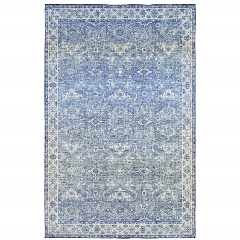 8' X 10' Blue And Ivory Oriental Distressed Area Rug