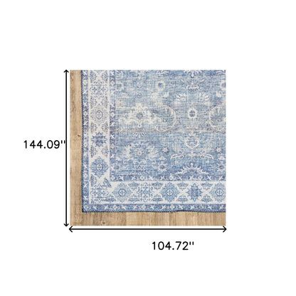 9' X 12' Blue And Grey Oriental Power Loom Stain Resistant Area Rug