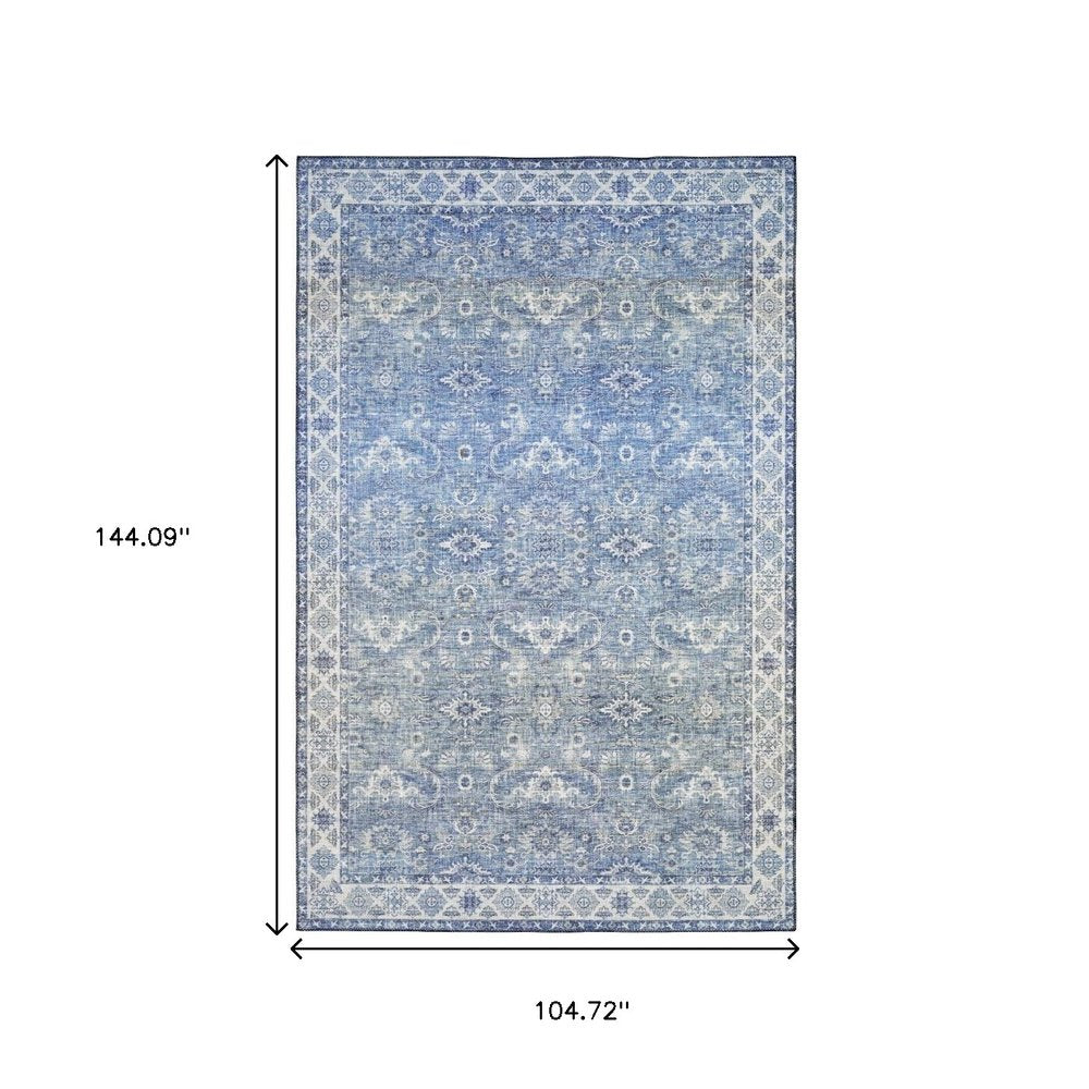 9' X 12' Blue And Ivory Oriental Distressed Area Rug