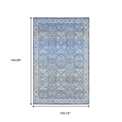 9' X 12' Blue And Ivory Oriental Distressed Area Rug
