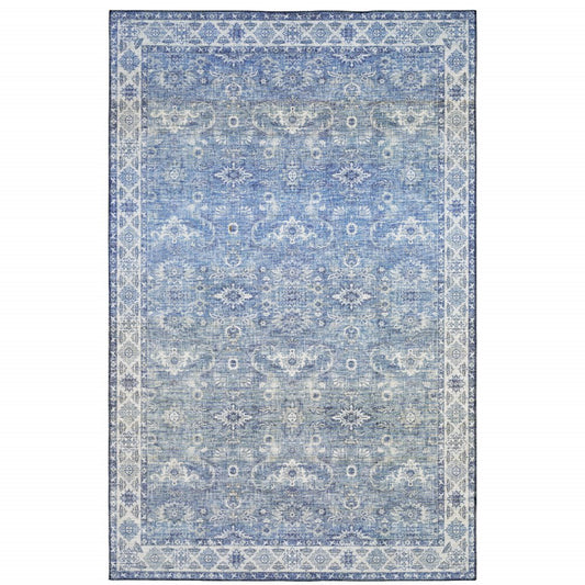 9' X 12' Blue And Ivory Oriental Distressed Area Rug