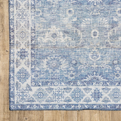 9' X 12' Blue And Ivory Oriental Distressed Area Rug