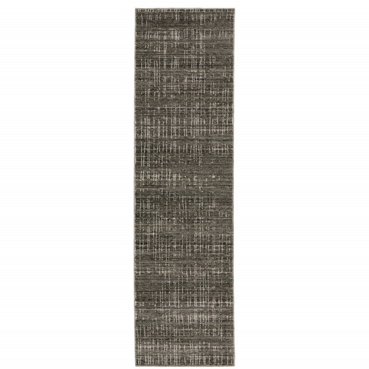 2' X 8' Charcoal Grey Grey Ivory Tan And Brown Abstract Power Loom Stain Resistant Runner Rug