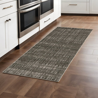 2' X 8' Charcoal Grey Grey Ivory Tan And Brown Abstract Power Loom Stain Resistant Runner Rug