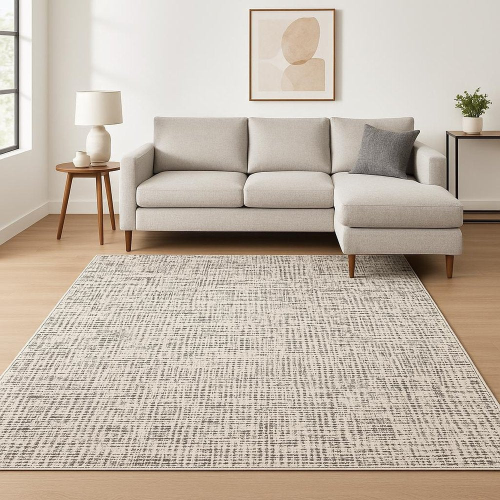 10' X 13' Ivory Grey Charcoal Brown And Beige Abstract Power Loom Stain Resistant Area Rug