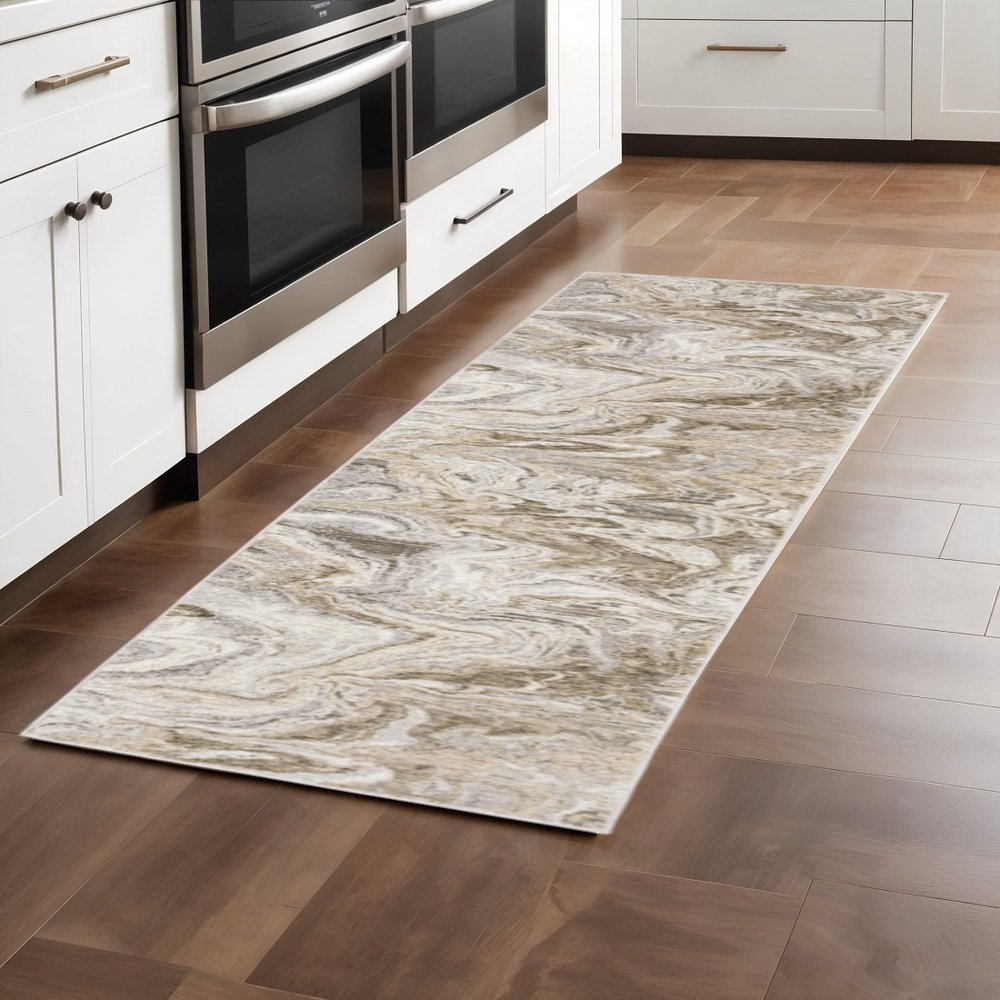 2' X 8' Ivory Tan Beige Grey And Brown Abstract Power Loom Stain Resistant Runner Rug