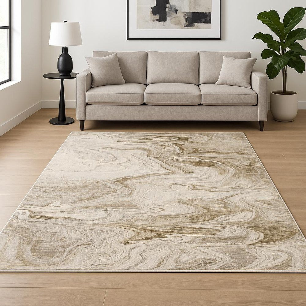 6' X 9' Beige And Ivory Abstract Power Loom Stain Resistant Area Rug