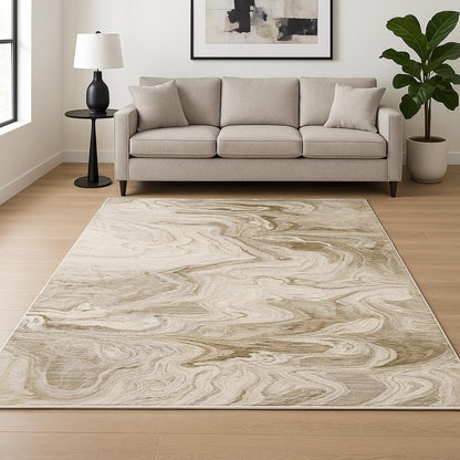 6' X 9' Beige And Ivory Abstract Power Loom Stain Resistant Area Rug