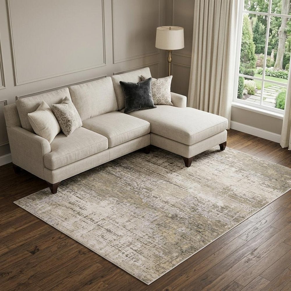 7' X 10' Beige And Gray Abstract Distressed Area Rug