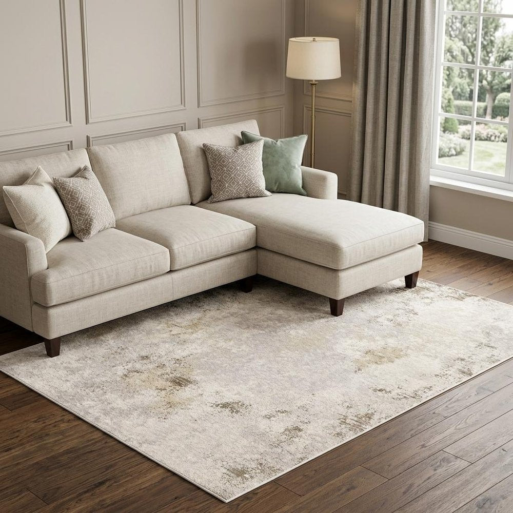 7' X 10' Ivory And Beige Abstract Distressed Area Rug