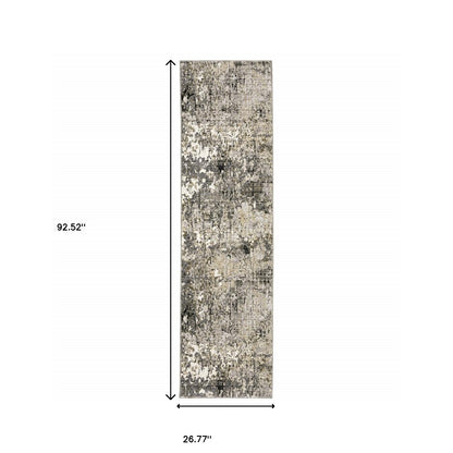 2' X 8' Grey Ivory Beige Charcoal Black Tan And Brown Abstract Power Loom Stain Resistant Runner Rug