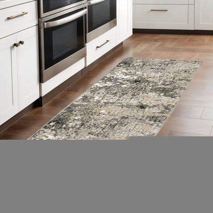 2' X 8' Grey Ivory Beige Charcoal Black Tan And Brown Abstract Power Loom Stain Resistant Runner Rug
