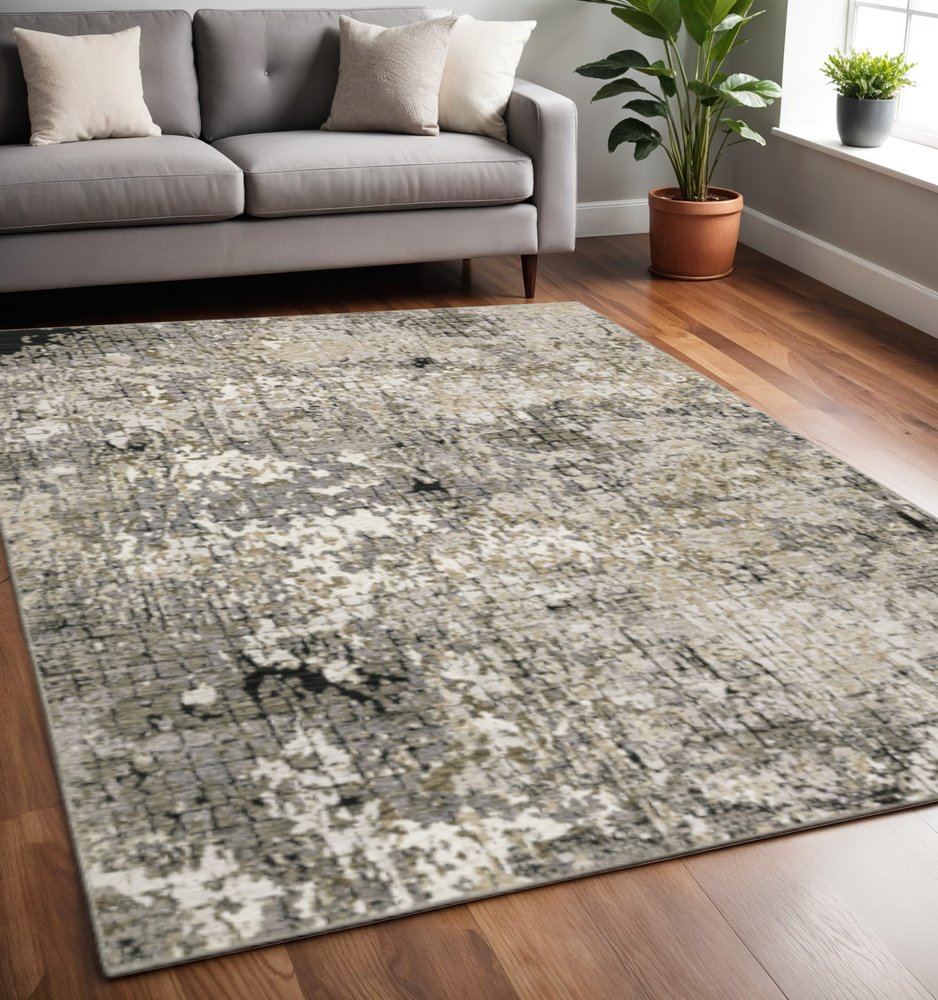 5' X 8' Grey Ivory Beige Charcoal Black Tan And Brown Abstract Power Loom Stain Resistant Area Rug