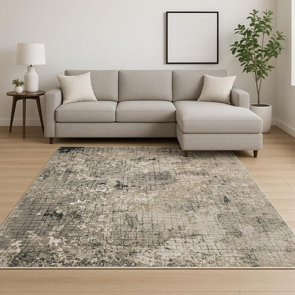 8' X 11' Grey Ivory Beige Charcoal Black Tan And Brown Abstract Power Loom Stain Resistant Area Rug