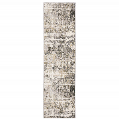 2' X 8' Grey Ivory Beige Charcoal Black Tan And Brown Abstract Power Loom Stain Resistant Runner Rug