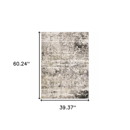 3' X 5' Grey Ivory Beige Charcoal Black Tan And Brown Abstract Power Loom Stain Resistant Area Rug