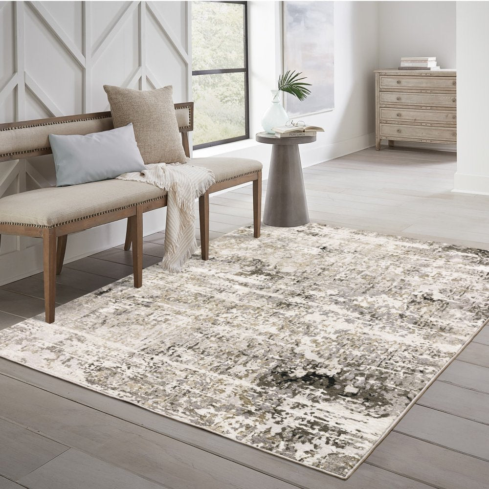 7' X 10' Gray And Beige Abstract Distressed Area Rug
