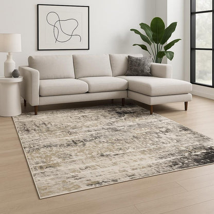 10' X 13' Grey Ivory Beige Charcoal Black Tan And Brown Abstract Power Loom Stain Resistant Area Rug
