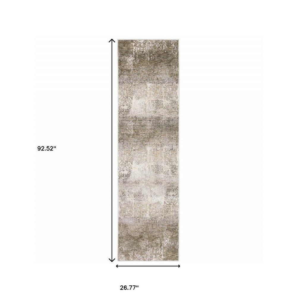 2' X 8' Ivory Grey Tan Brown And Beige Abstract Power Loom Stain Resistant Runner Rug