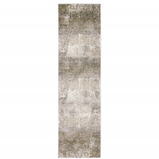 2' X 8' Ivory Grey Tan Brown And Beige Abstract Power Loom Stain Resistant Runner Rug