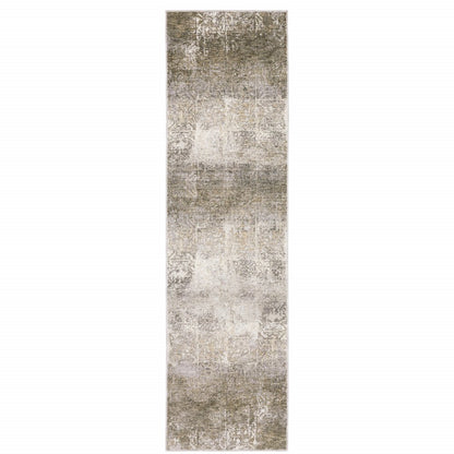 2' X 8' Ivory Grey Tan Brown And Beige Abstract Power Loom Stain Resistant Runner Rug