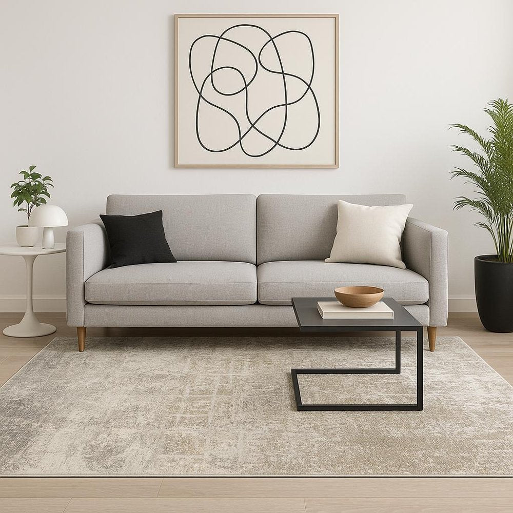5' X 8' Ivory Grey Tan Brown And Beige Abstract Power Loom Stain Resistant Area Rug