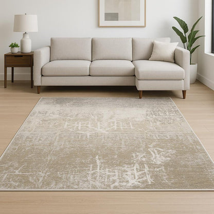 8' X 11' Ivory Grey Tan Brown And Beige Abstract Power Loom Stain Resistant Area Rug