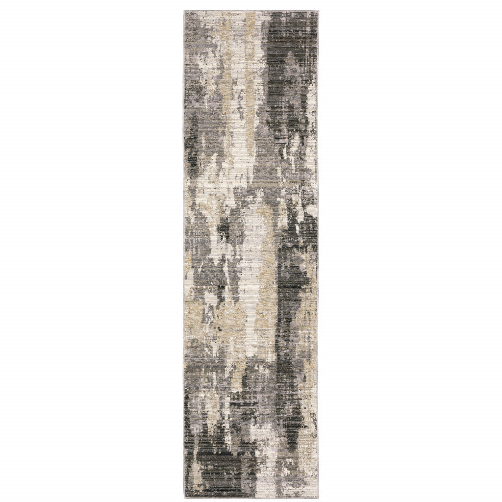 2' X 8' Grey Beige Charcoal Brown Tan And Ivory Abstract Power Loom Stain Resistant Runner Rug